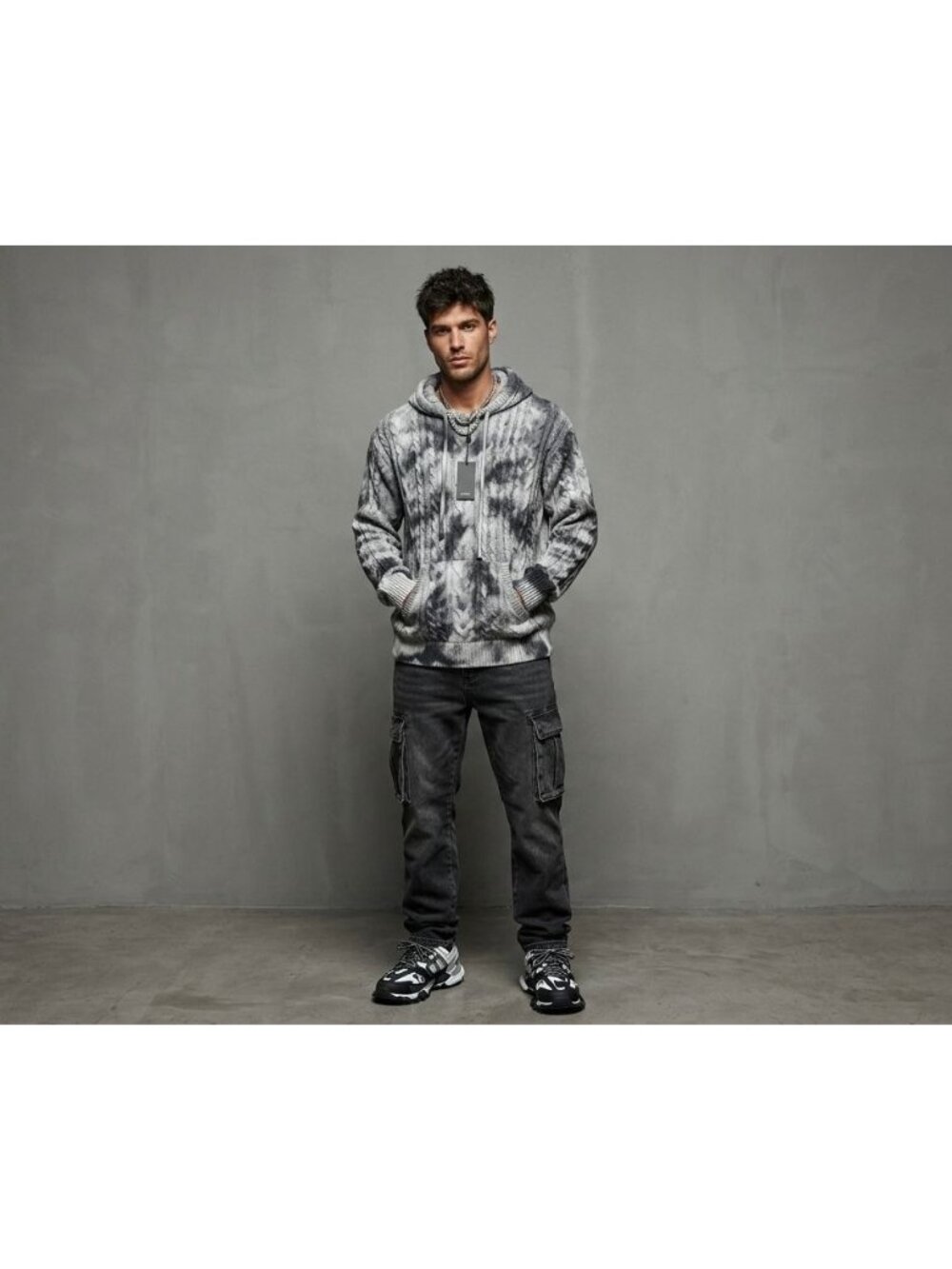 MNML Mens Tie Dye Cable Knit Hoodie Black  M Cotton Cropped Oversized Fit New Wi - Picture 6 of 13